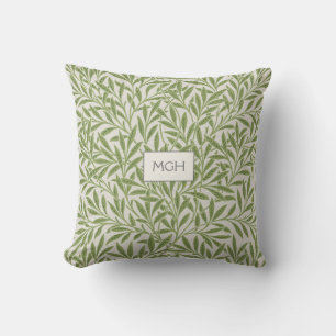 Modern Green Willow Leaves Monogram Cushion