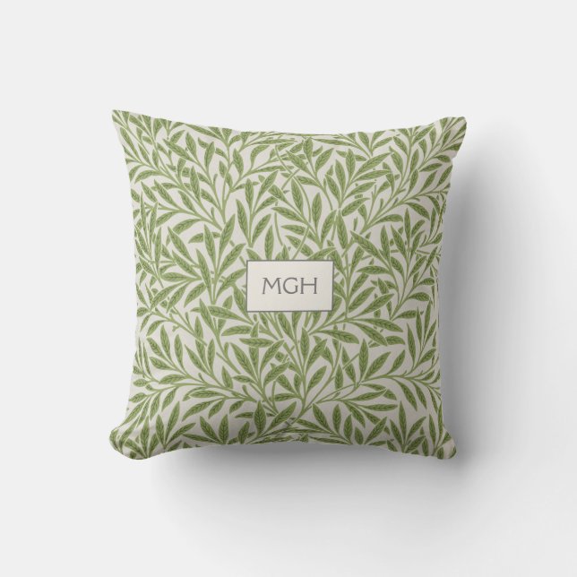 Modern Green Willow Leaves Monogram Cushion (Front)