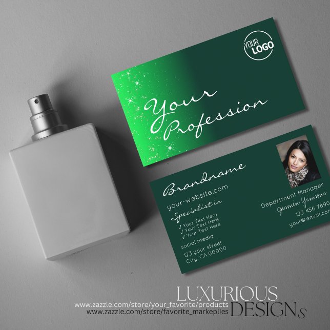 Modern Green with Glitter Stars Logo and Photo Business Card (Creator Uploaded)