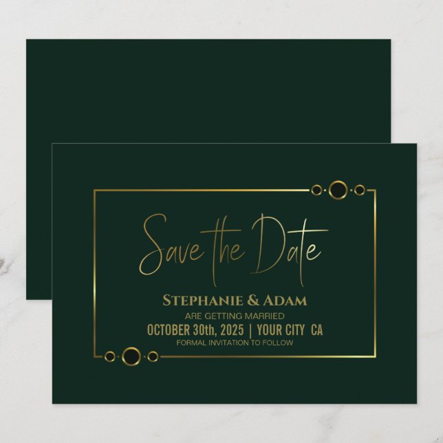 Modern Green with Gold Frame Wedding Save the Date (Front/Back)