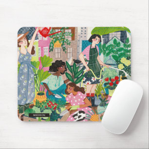 Modern green woman gardening illustration mouse pad