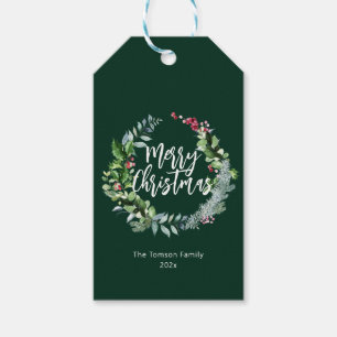 modern green wreath holiday script christmas gift tags