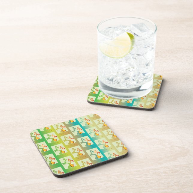 Modern Green, yellow and blue Tulip Couple pattern Coaster (Right Side)