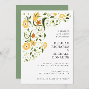 Modern Green Yellow Floral Elegant Wedding Invitation