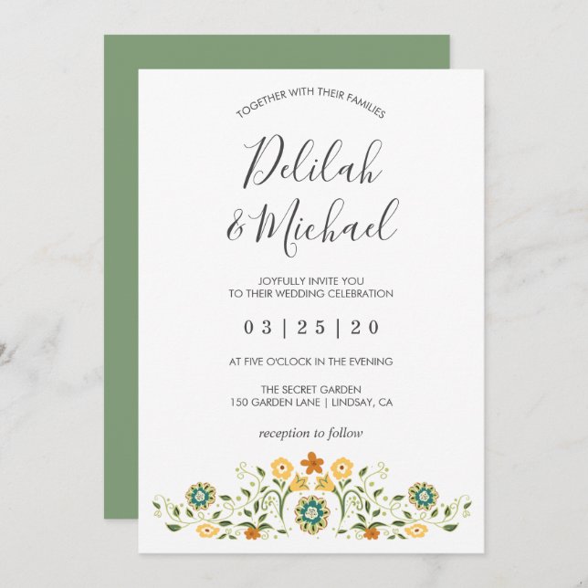 Modern Green Yellow Floral Wedding Invitation (Front/Back)