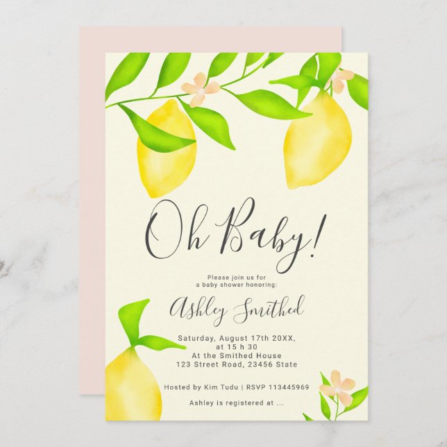 Modern green yellow lemon watercolor baby shower 2 invitation (Front/Back)