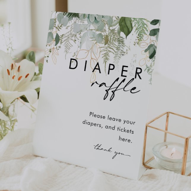 Modern Greenery and Gold Diaper Raffle Baby Shower Pedestal Sign (Creator Uploaded)