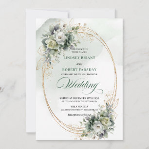 Modern Greenery and Gold Wedding Invitation