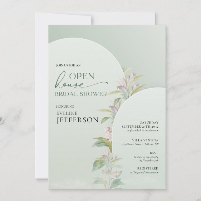 Modern greenery arch blush flowers Open House Invitation (Front)