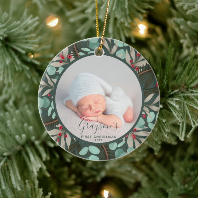 Modern Greenery Baby's First Christmas Photo Green Ceramic Ornament (Tree)