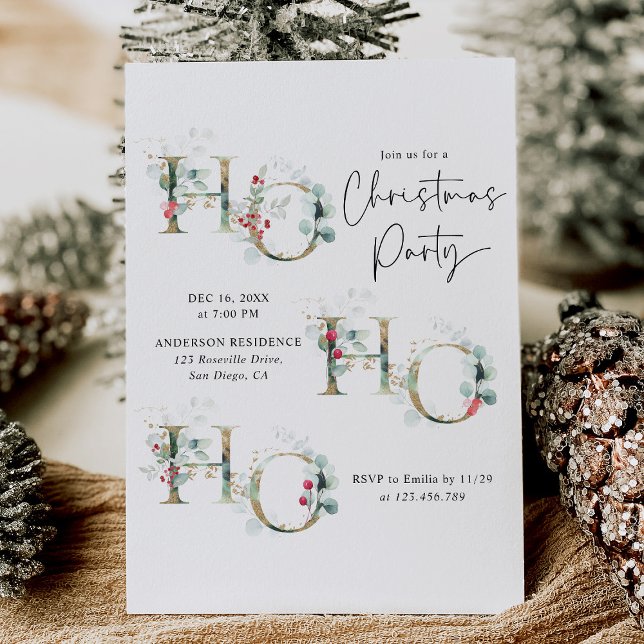 Modern Greenery & Berries Ho Ho Ho Christmas Party Invitation (Creator Uploaded)