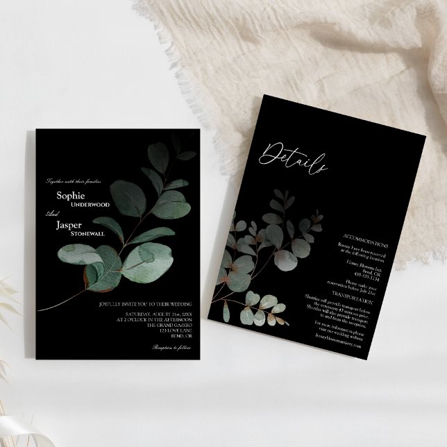 Modern Greenery Black Details All In One Wedding Invitation (Creator Uploaded)