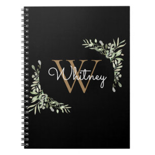 Modern Greenery Black Gold Monogram Script Name Notebook