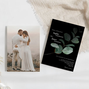 Modern Greenery Black Photo Wedding Invitation