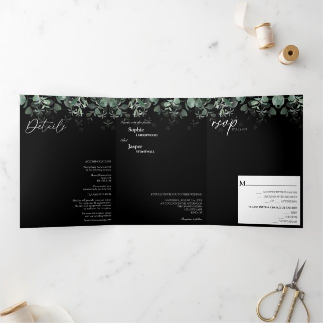 Modern Greenery Black Tri-Fold Wedding Invitation (Inside)
