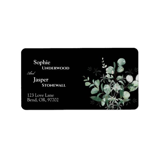 Modern Greenery Black Wedding Address Label (Front)
