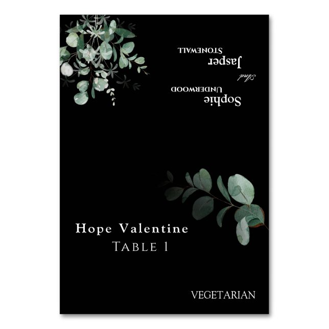Modern Greenery Black Wedding Foldable Place Card (Front)