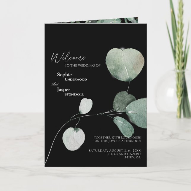 Modern Greenery Black Wedding Folded Program (Front)