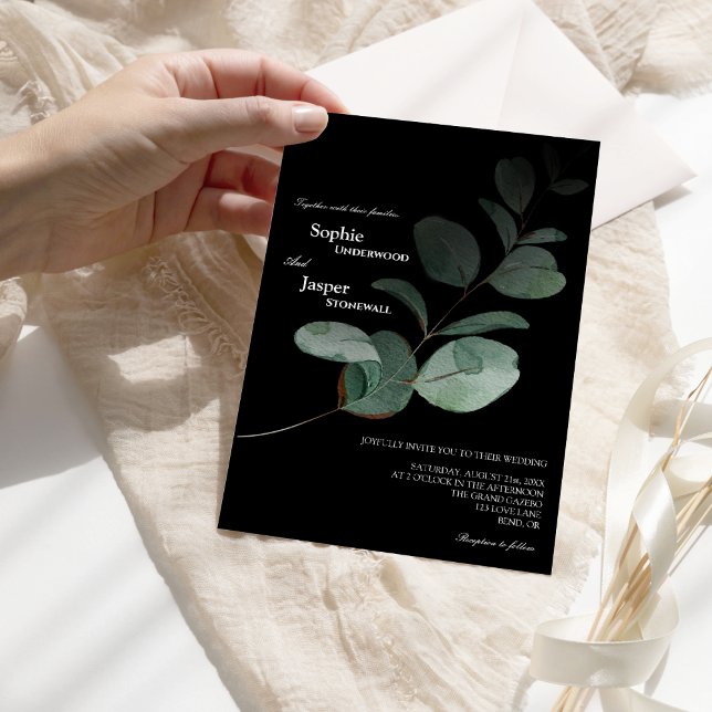 Modern Greenery Black Wedding Invitation (Creator Uploaded)