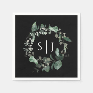 Modern Greenery Black Wedding Monogram Napkin