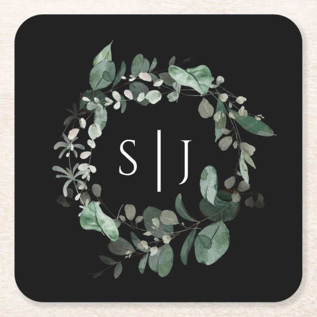 Modern Greenery Black Wedding Monogram Square Paper Coaster (Front)
