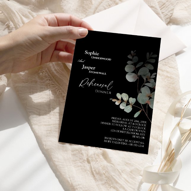 Modern Greenery Black Wedding Rehearsal Dinner Invitation (Creator Uploaded)