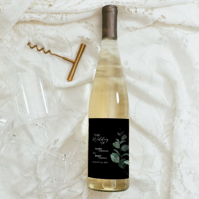 Modern Greenery Black Wedding Wine Label (Creator Uploaded)