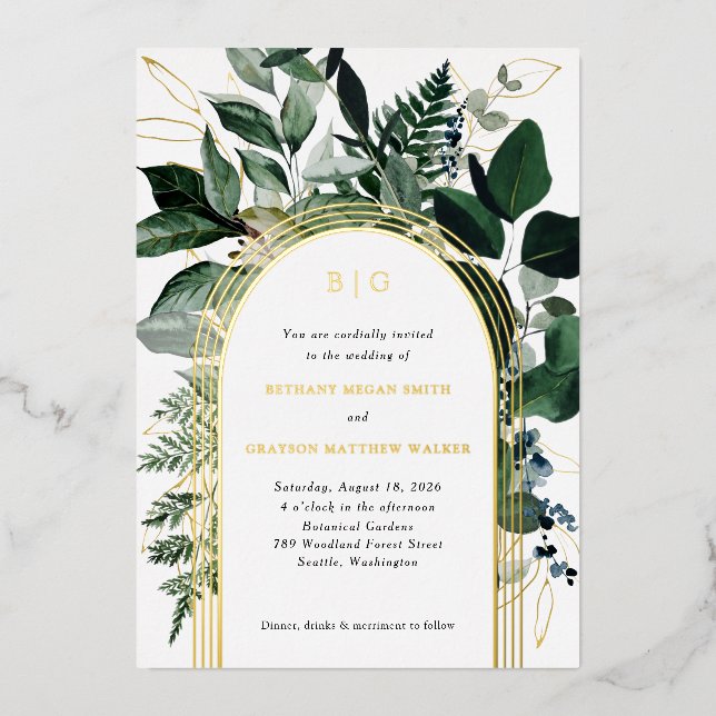 Modern Greenery Botanical foil Wedding Invitations (Front)