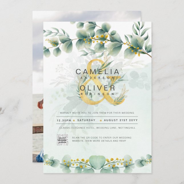 Modern Greenery Botanical Gold Wedding Invitation (Front/Back)
