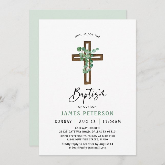 Modern Greenery Boy Baptism Celebration Invitation (Front/Back)