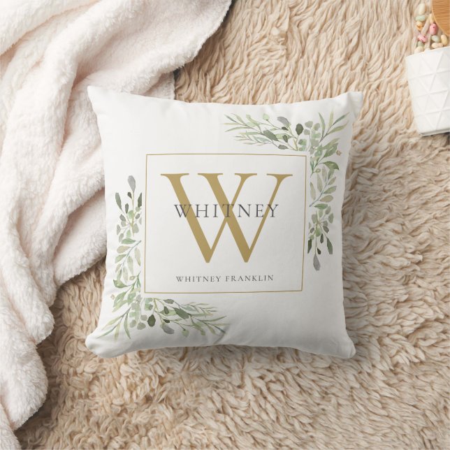 Modern Greenery Chic Gold Monogram Cushion (Blanket)