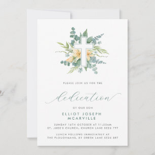 Modern Greenery Cross Script Baby Dedication Invitation