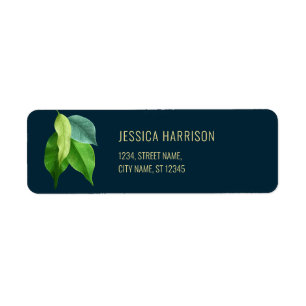 Modern Greenery Deep Blue Elegant Green Leaves Return Address Label