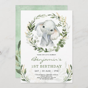 Modern Greenery Elephant   Green Gold 1st Birthday Invitation