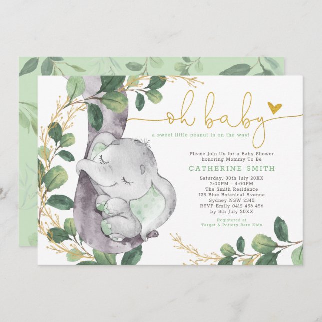 Modern Greenery Elephant Green Gold Baby Shower Invitation (Front/Back)