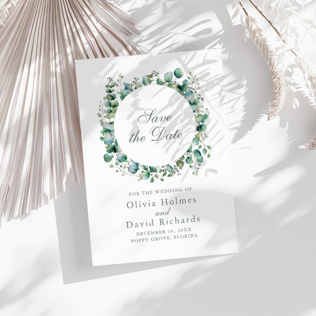Modern Greenery Eucalyptus Botanical Wedding Save The Date (Modern Greenery Eucalyptus Botanical Wedding Save The Date on a sunny white table.)