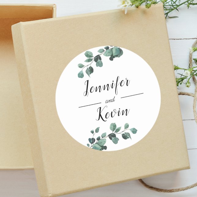 Modern Greenery Eucalyptus Custom Wedding Classic Round Sticker (Creator Uploaded)