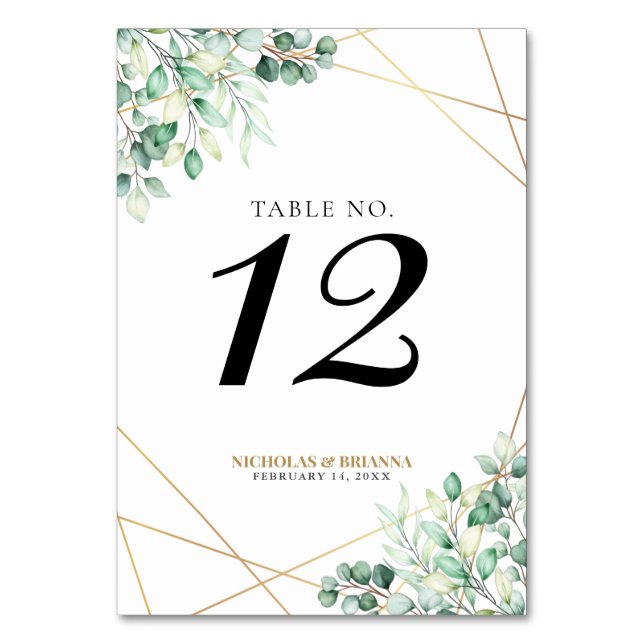 Modern Greenery Eucalyptus Gold Geometric Wedding Table Number (Back)
