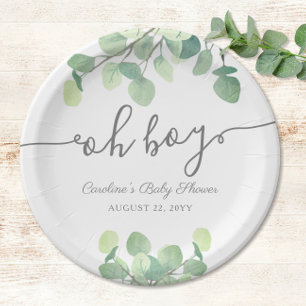 Modern Greenery Eucalyptus Oh Boy Baby Shower Paper Plate