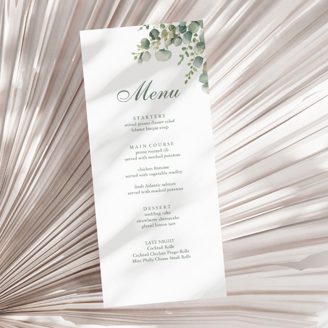 Modern Greenery Eucalyptus Wedding Menu (Modern Greenery Eucalyptus Wedding Menu on a sunny neutral dry palm leaf.)