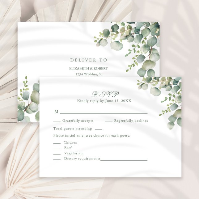 Modern Greenery Eucalyptus Wedding RSVP Card (Modern Greenery Eucalyptus Wedding RSVP Card on a sunny neutral dry palm leaf.)