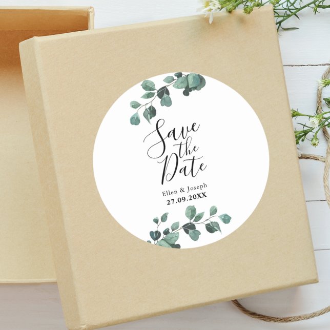 Modern Greenery Eucalyptus Wedding Save The Date Classic Round Sticker (Modern wedding sticker creates a clean botanical touch for special announcements.)