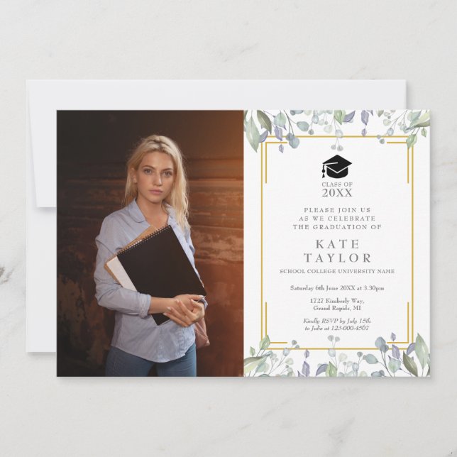 Modern Greenery Floral Graduation Party Photo Invitation (Front)