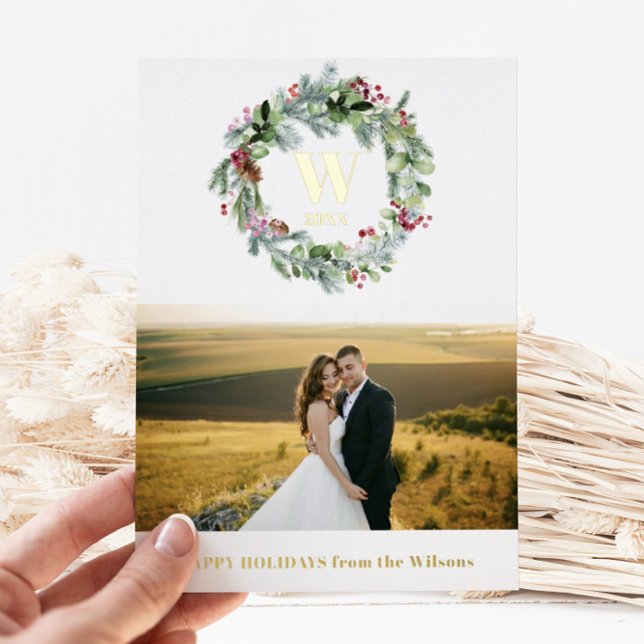 Modern Greenery Floral Wreath | Monogram 1 Photo Foil Holiday Card (Creator Uploaded)