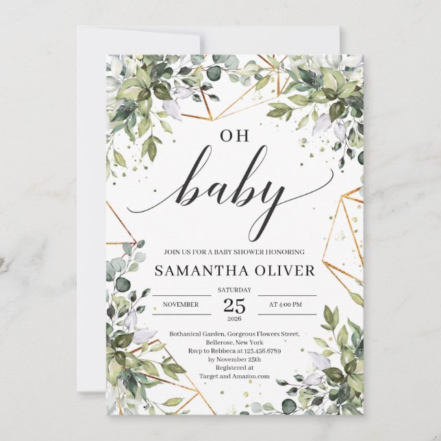 Modern greenery foliage and gold frames oh baby invitation (Front)