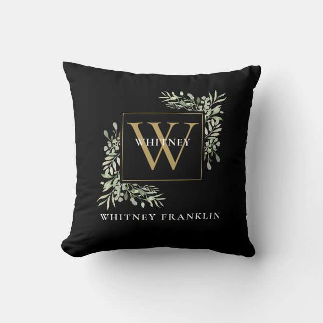 Modern Greenery Foliage Black Gold Monogram Cushion (Front)