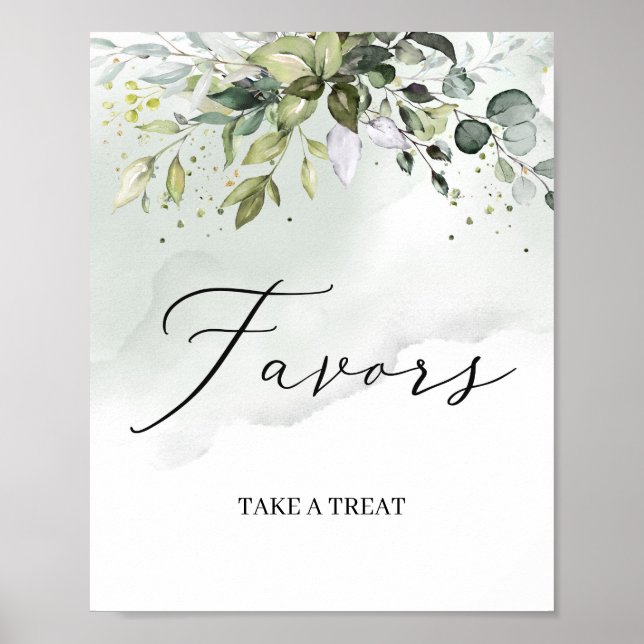 Modern greenery foliage leaves boho favors sign (Front)