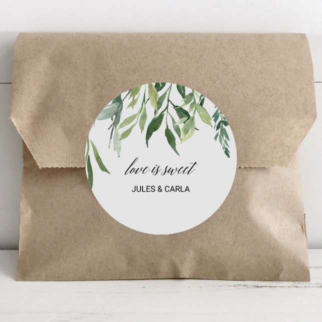 Modern Greenery Foliage Love is Sweet Wedding Classic Round Sticker (Creator Uploaded)