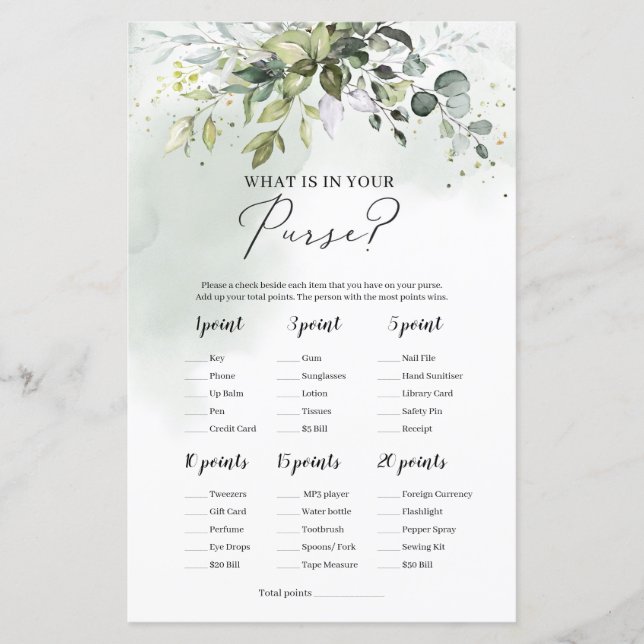 Modern greenery foliage what is in your purse game (Front)