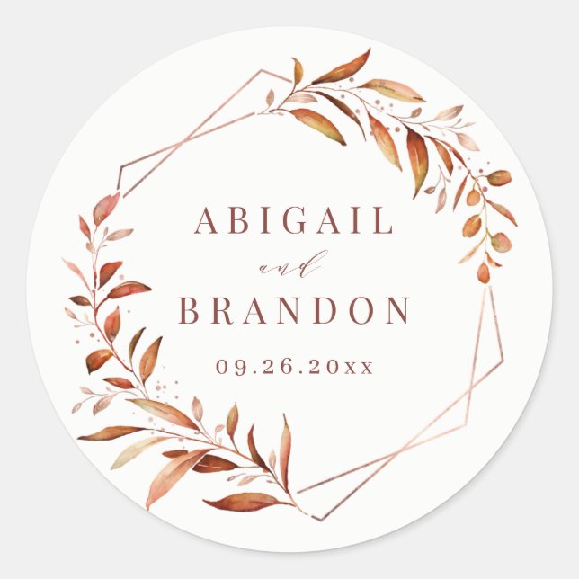 Modern Greenery Geometric Fall Rustic Wedding Classic Round Sticker (Front)